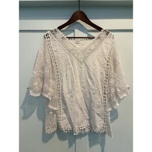 Kindred Top Women Small Ivory Blouse Crochet Embroidered Peasant Flowy Tunic
